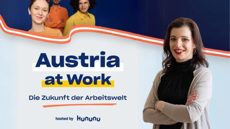 Event-Banner mit Schriftzug ‚Austria at Work – Die Zukunft der Arbeitswelt‘, hosted by kununu