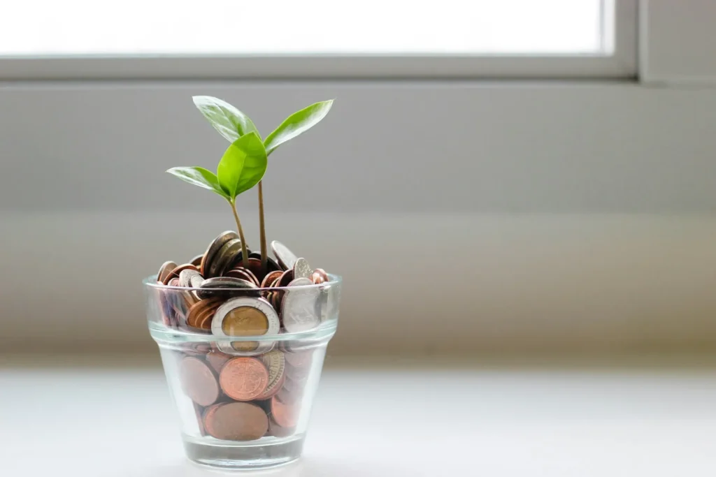 Glas voller Münzen mit einer wachsenden grünen Pflanze – Symbol für finanzielle Benefits und nachhaltiges Wachstum