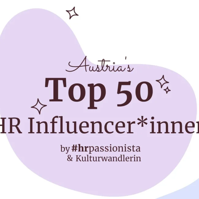 Austria’s Top 50 HR Influencer*innen – Award-Grafik in Pastellfarben mit Titel und Stern-Elementen, präsentiert von hrpassionista & Kulturwandlerin.