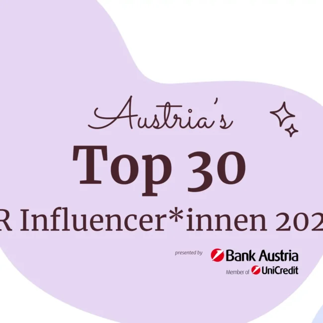 Grafik mit Schriftzug ‚Austria’s Top 30 HR Influencer:innen 2024‘ und Logo von Bank Austria als Sponsor