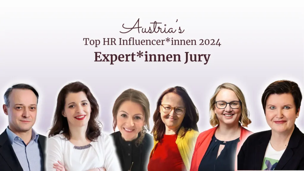 Banner mit Schriftzug ‚Austria’s Top HR Influencer:innen 2024 – Expert:innen Jury‘ und mehreren Personen in Business-Outfits