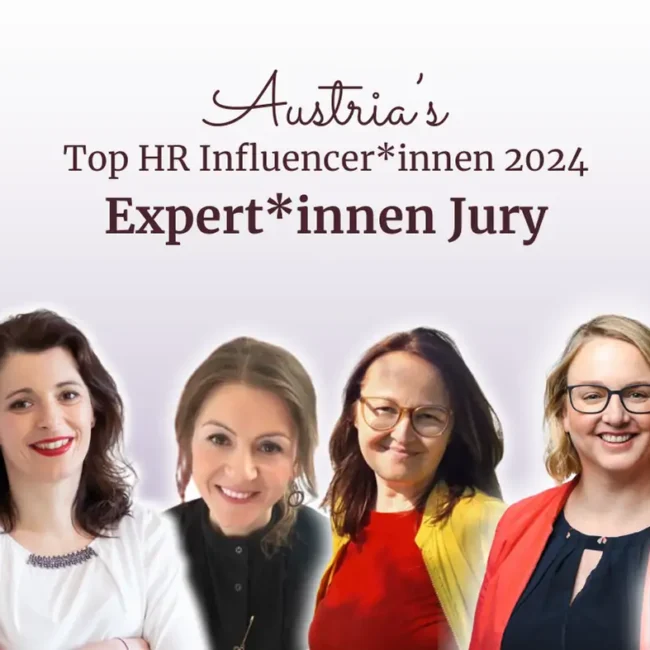 Banner mit Schriftzug ‚Austria’s Top HR Influencer:innen 2024 – Expert:innen Jury‘ und mehreren Personen in Business-Outfits