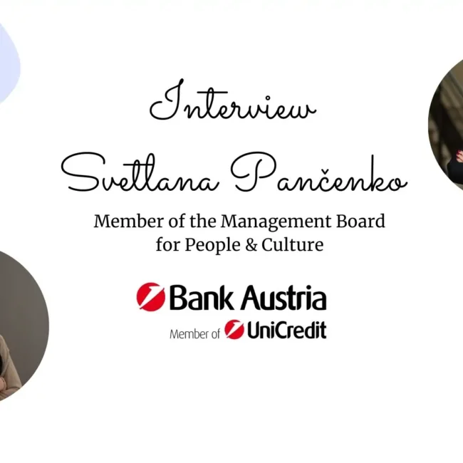 Interview-Banner mit Schriftzug ‚Interview Svetlana Pančenko – Member of the Management Board for People & Culture‘ und Logo von Bank Austria