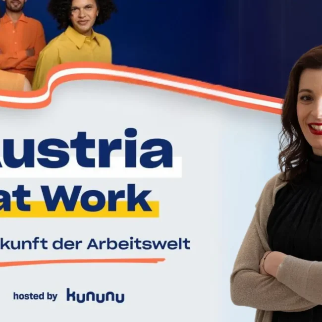 Event-Banner mit Schriftzug ‚Austria at Work – Die Zukunft der Arbeitswelt‘, hosted by kununu