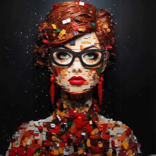 Künstlerisches Porträt einer Frau, deren Gesicht und Haare aus bunten Bausteinen zusammengesetzt sind, mit schwarzer Brille und roten Accessoires. KI generiert